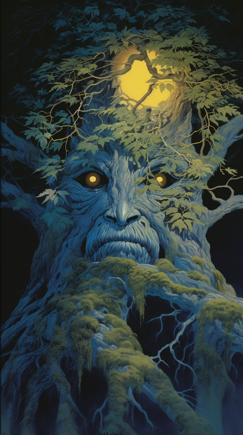 Dungeons and Dragons style evil tree creature with blue eyes