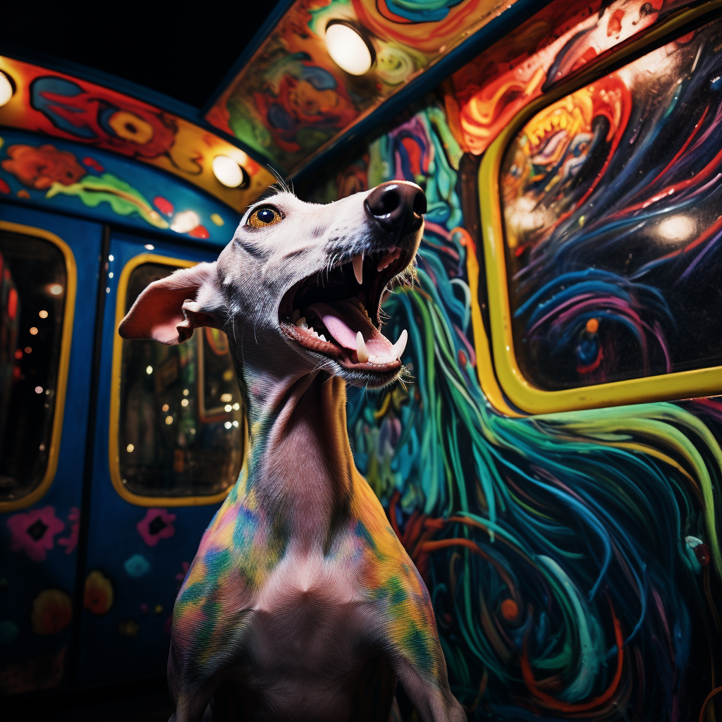 Excited Italian Greyhound in front of Psychedelic Train