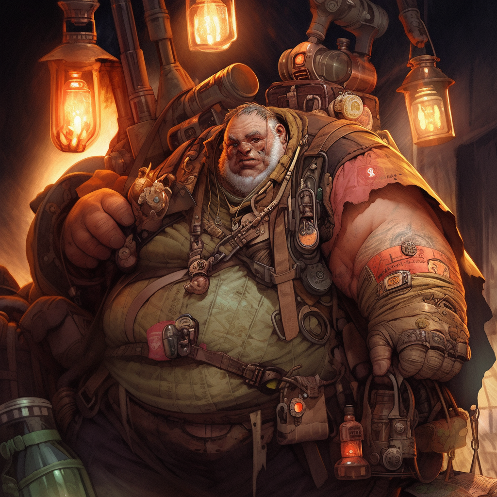 Exotic overweight badass wasteland ogre merchant trading goods