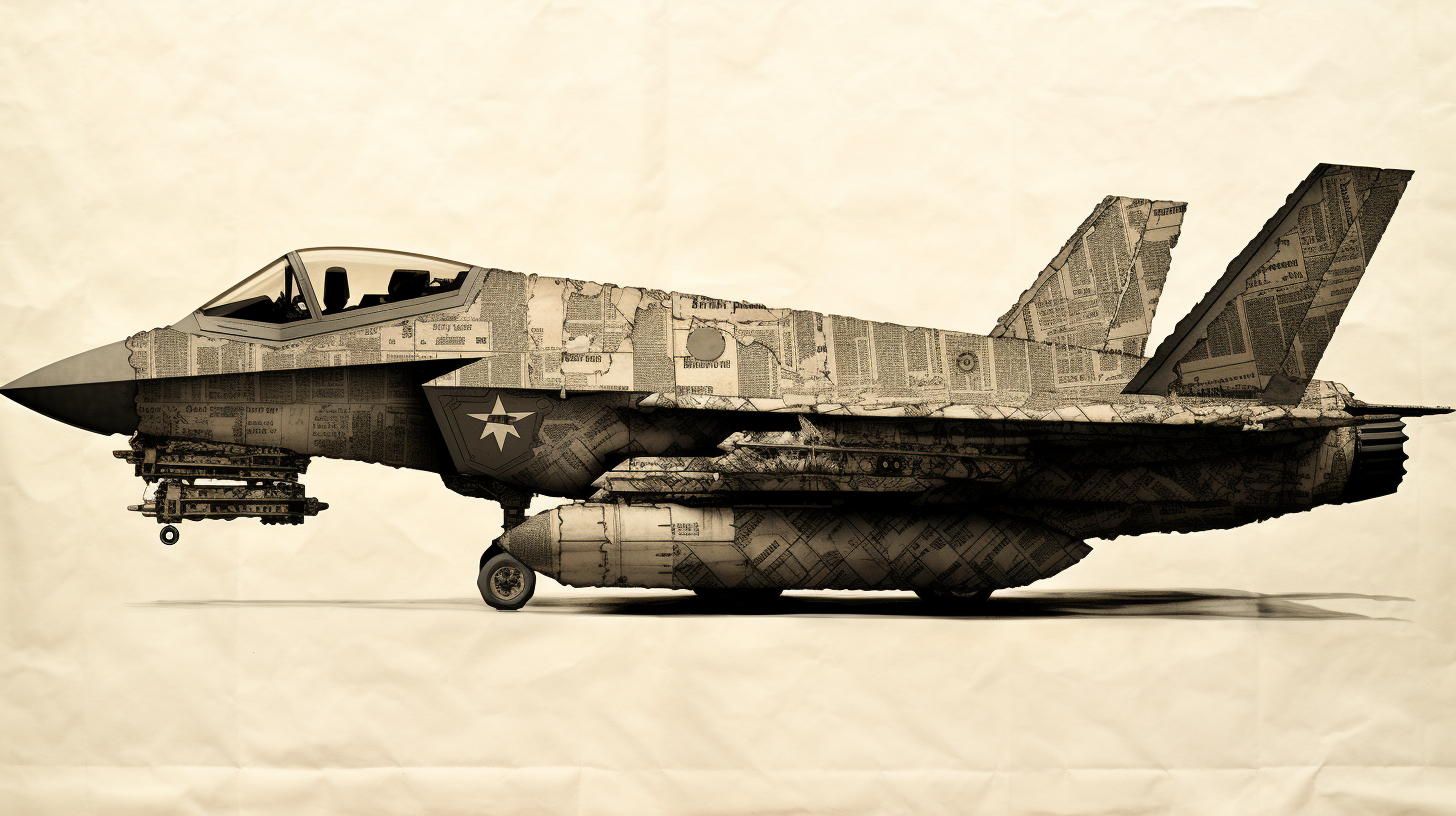 F-35 tactical jet made of letters on white paper