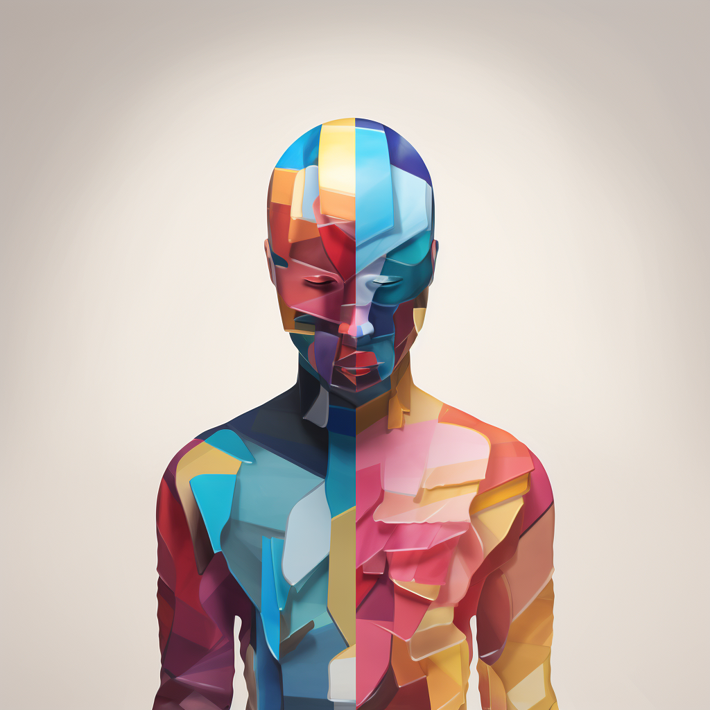 Colorful 2D illustration of faceless AI