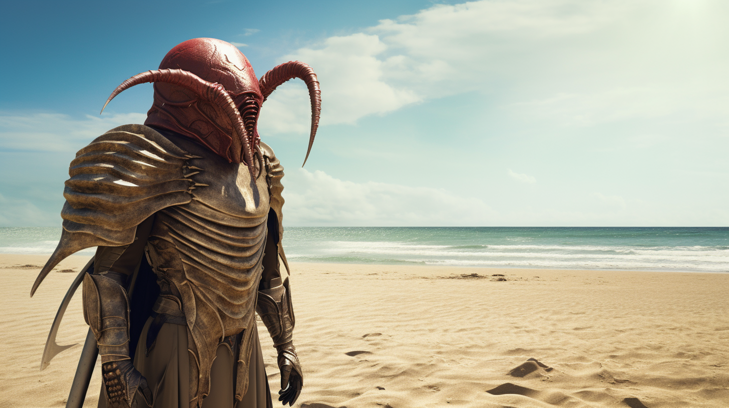 Faceless earthworm in conquistador armor on exotic beach