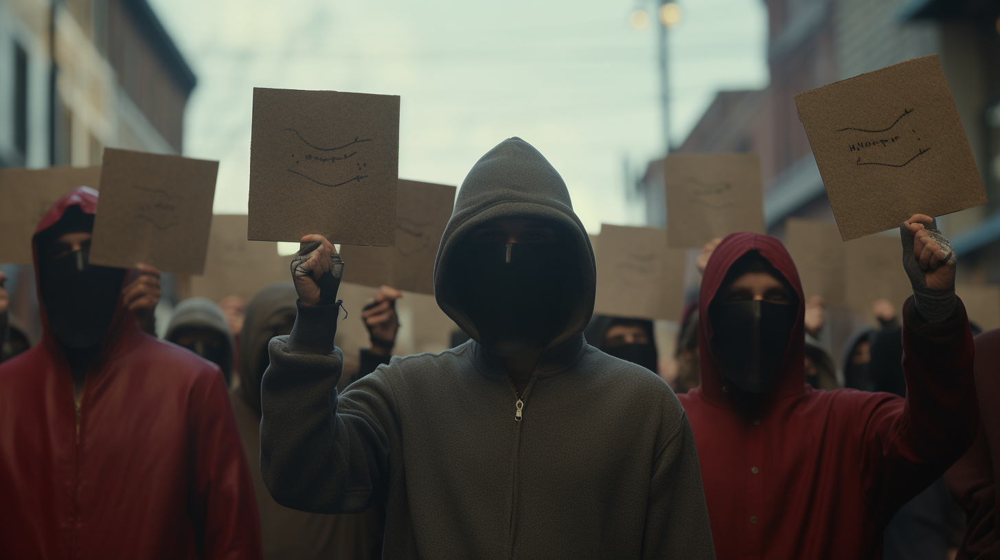 Faceless masked hooded mob protesting blank signs