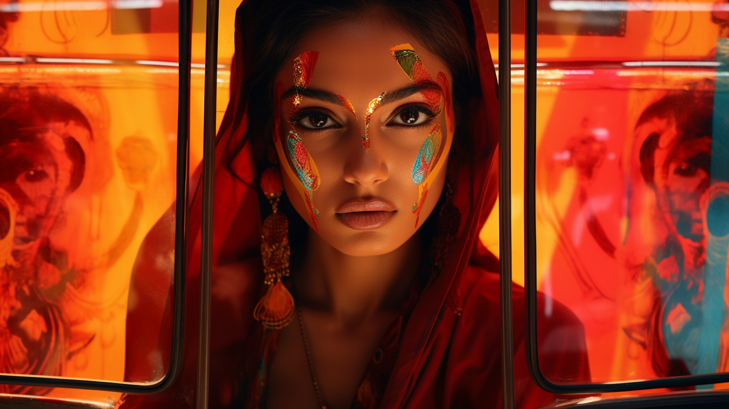 Beautiful south asian model against vibrant truck art