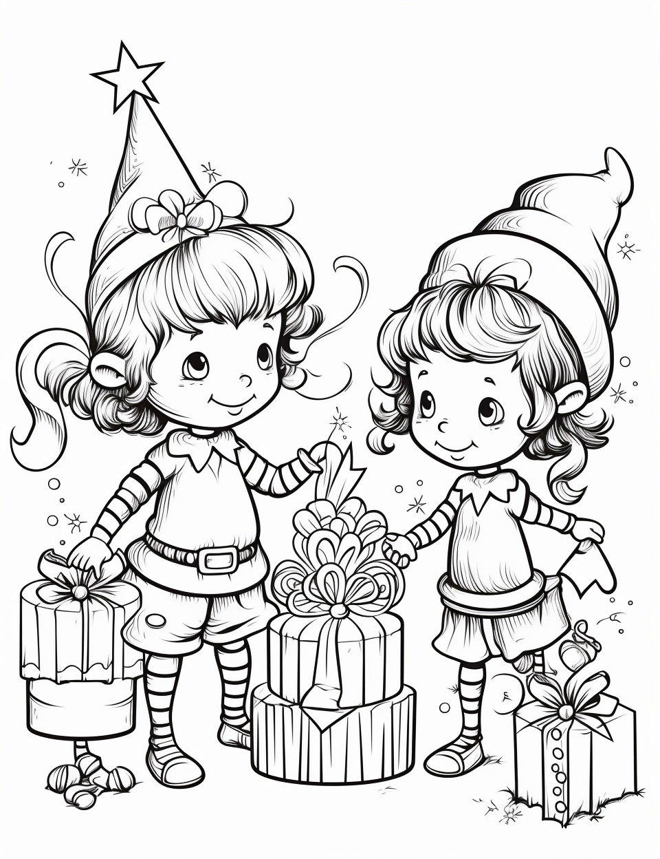 Black and white outline of fairies celebrating Christmas