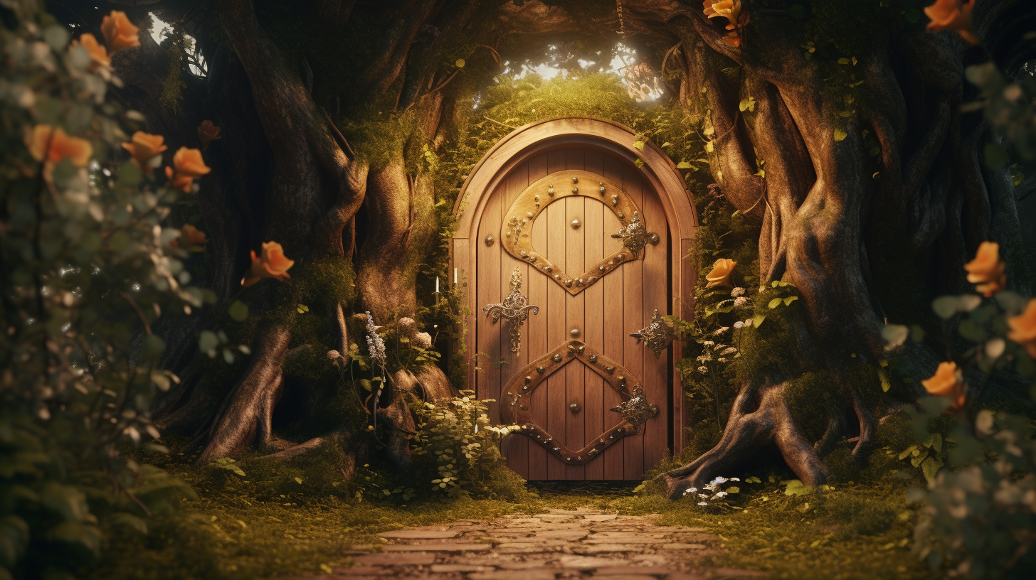 Realistic fairy door in golden wood