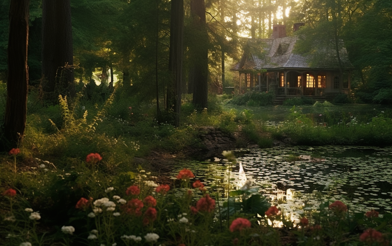 Enchanted fairy tale cottage in woods