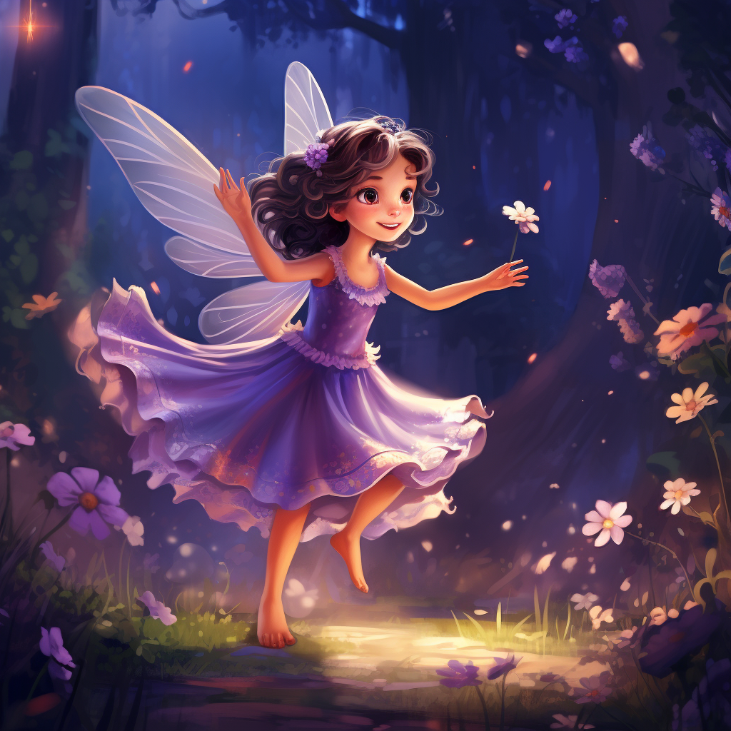 Little fairy princess in purple dress dancing