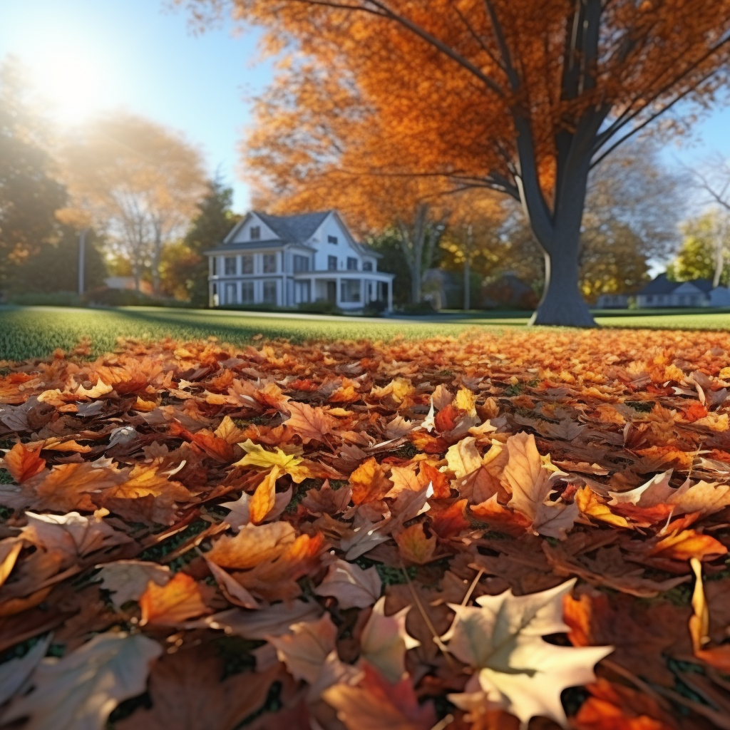 Autumn leaves on New England front lawn