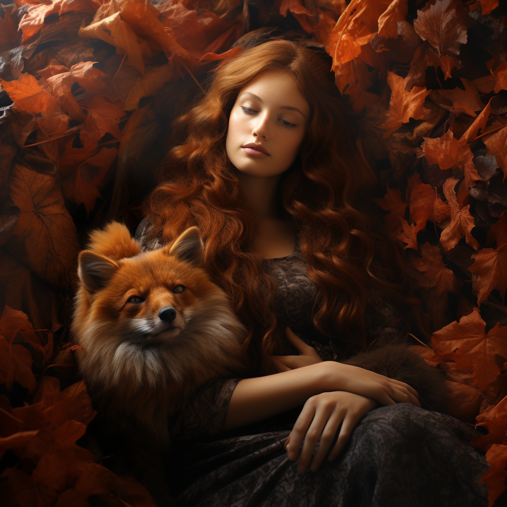 Woman with Red Fox in Fall