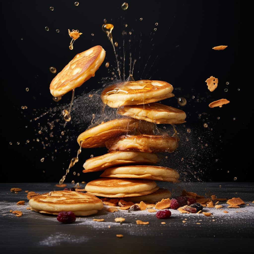 Falling pancakes on black background