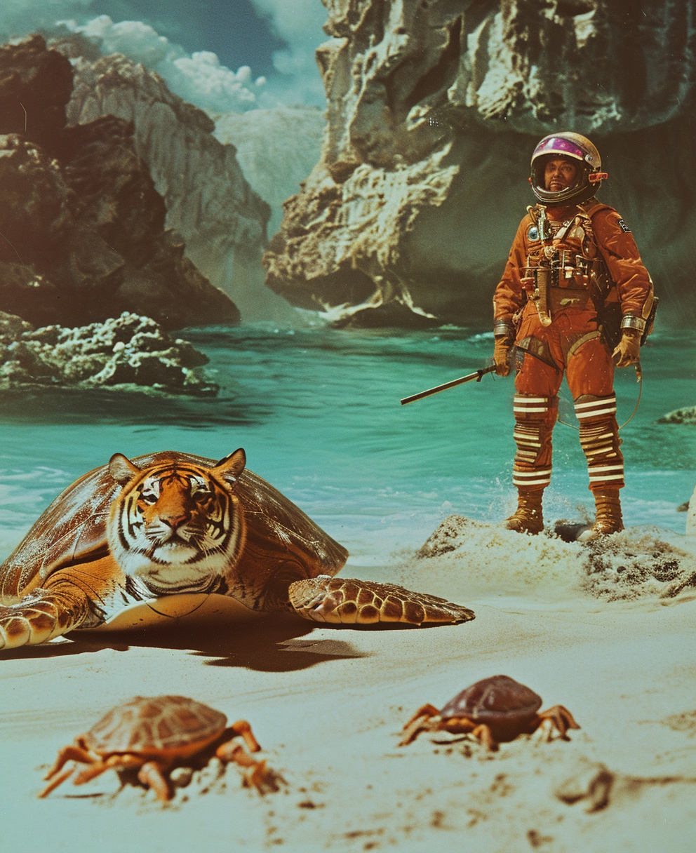 Tiger samurai on beach turtle fishes