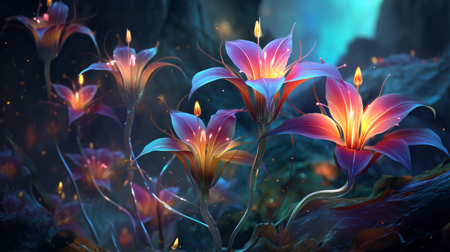 Colorful fantasy alien flowers in vibrant bloom