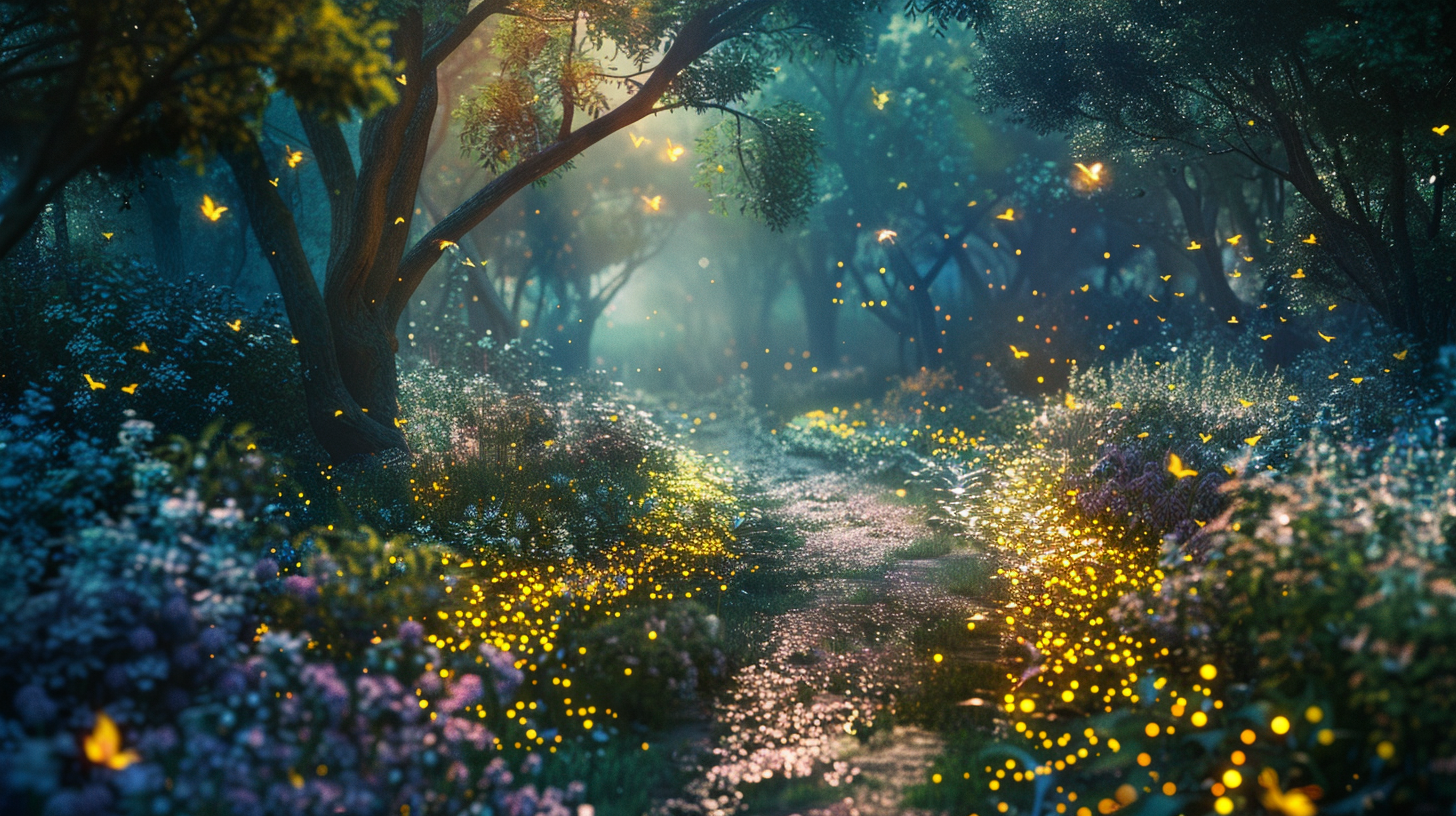 Fantasy forest with glowing fireflies