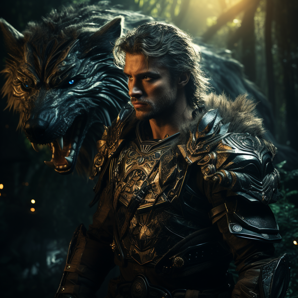 Fantasy man with battle wolf in enchanted forest