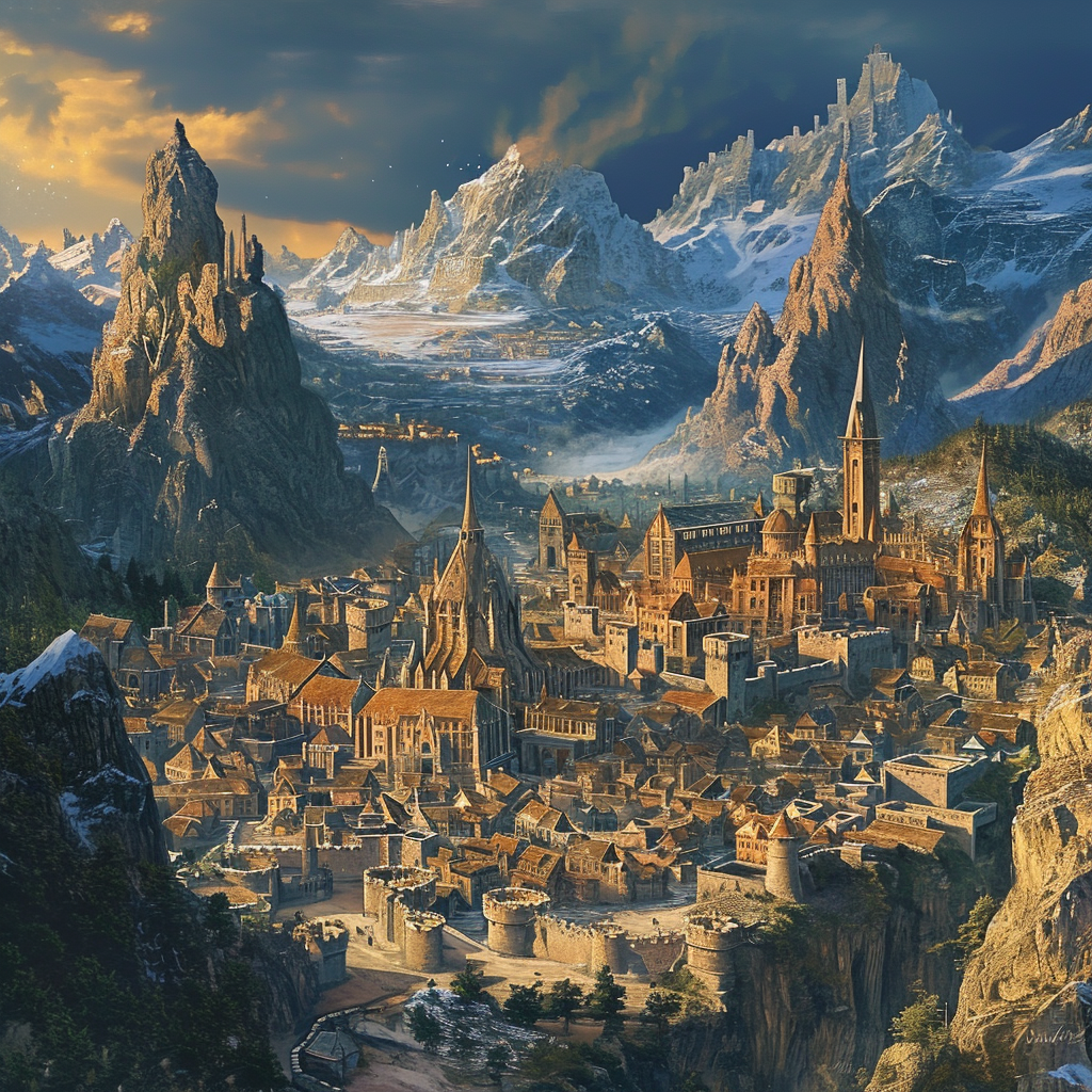 Fantasy City Stone Buildings Mountains