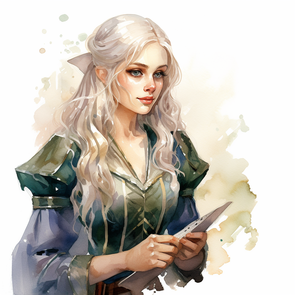 Watercolor illustration of a fantasy female elf bard