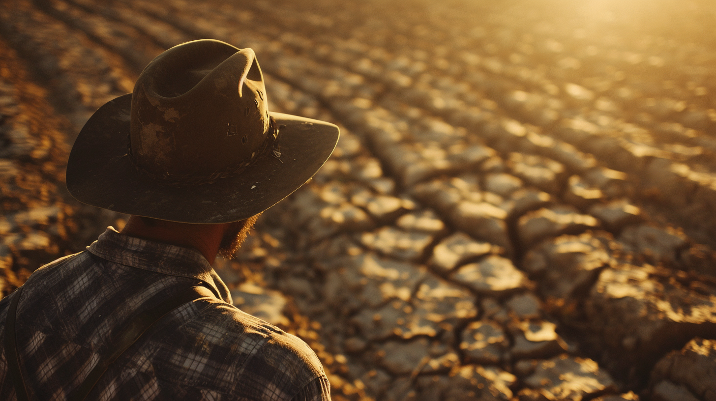 Closeup of Farmer Surveying Drought-Stricken Land