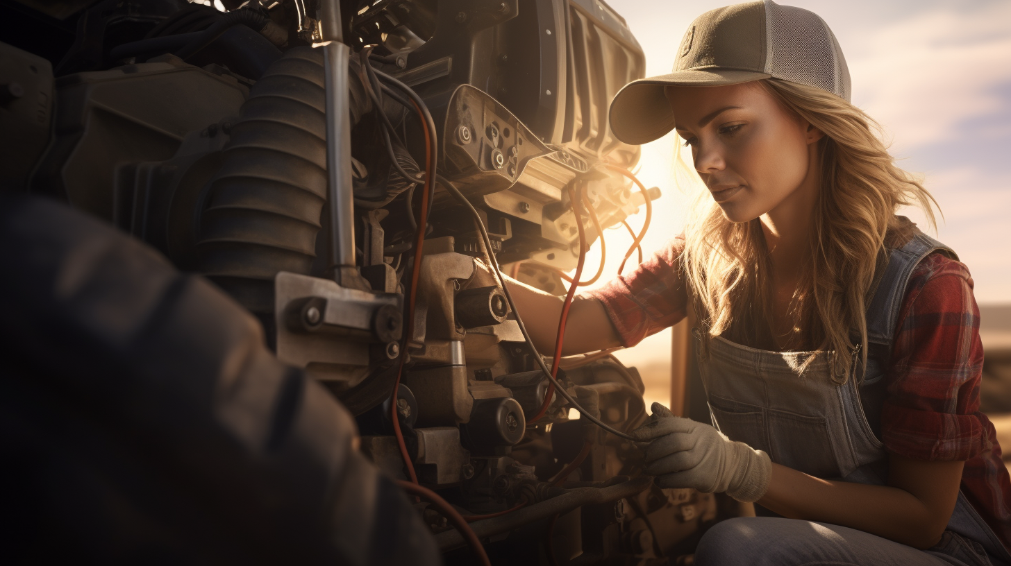 Farmer woman repairing harvester with wrench