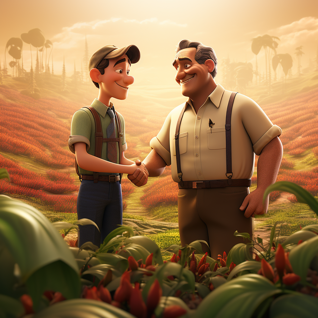 Two farmers shaking hands in coffee cropfield