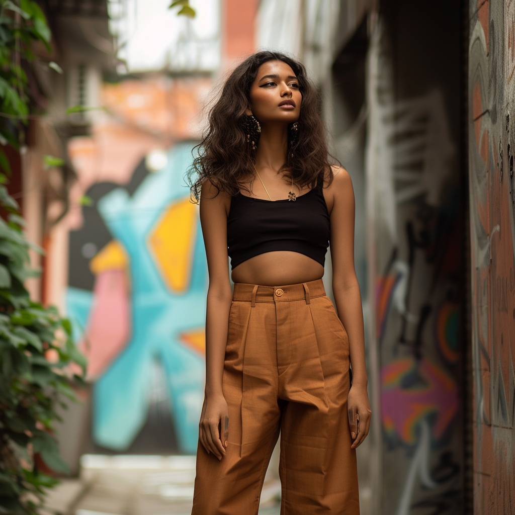 Fashion-forward Indian woman in urban street style with high-waisted trousers