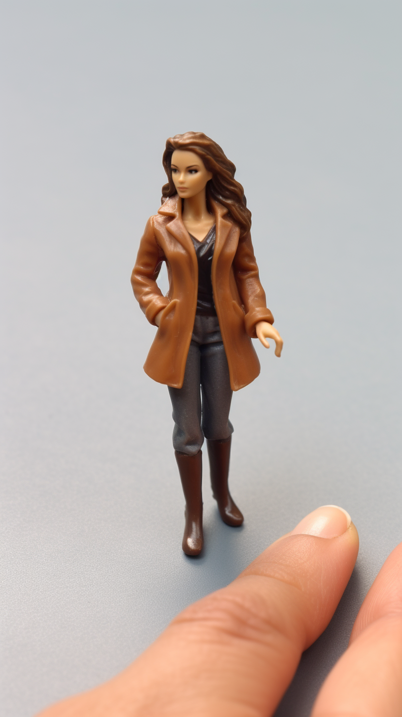 Hyper-realistic plastic female figurine in a fashionable coat