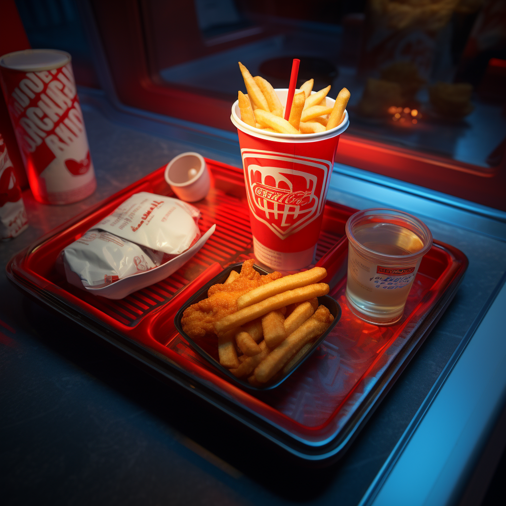 Empty KFC bucket and french fries on fast food tray