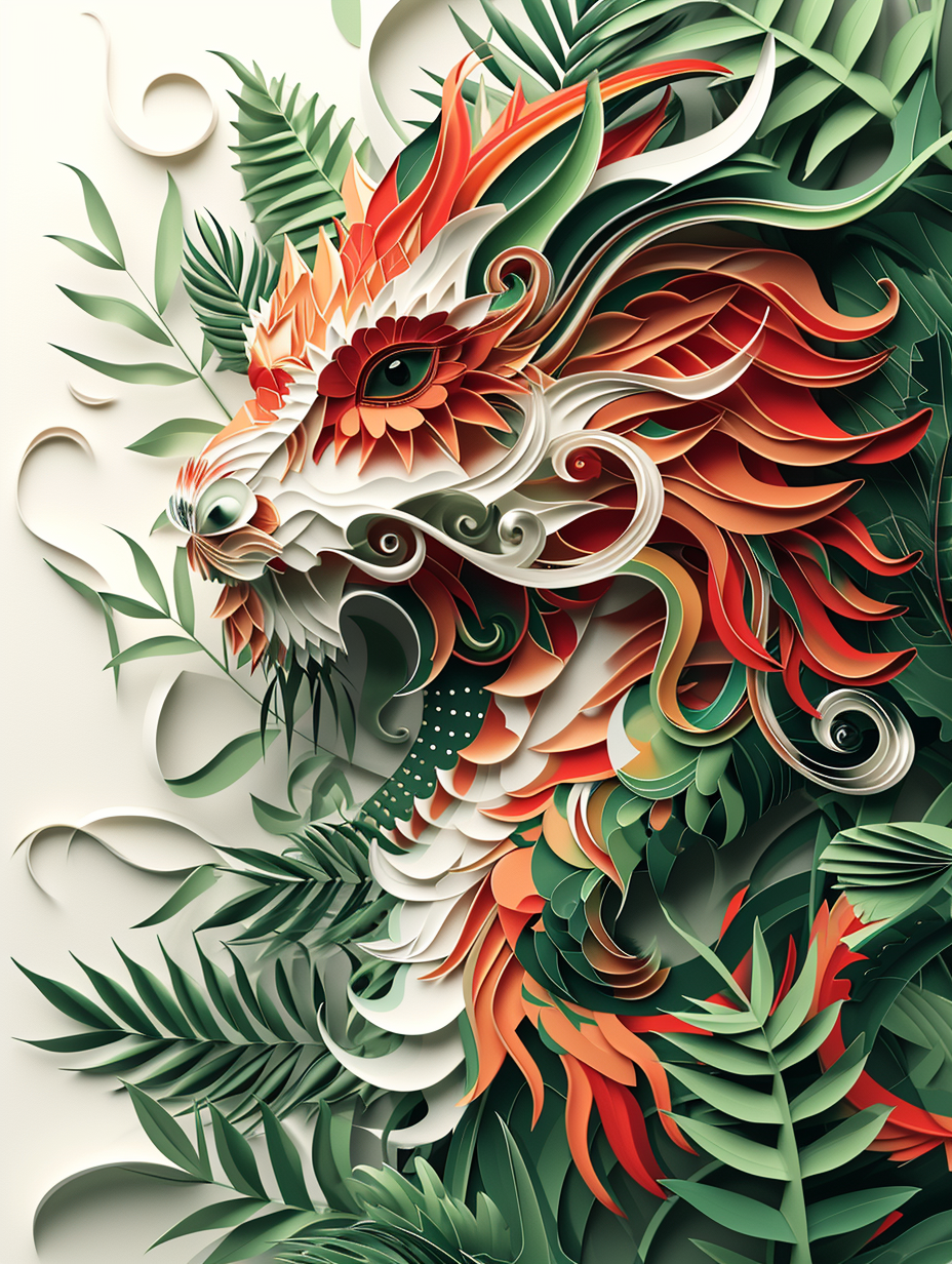 Feathered dragon on white background with jungle vines and red lines