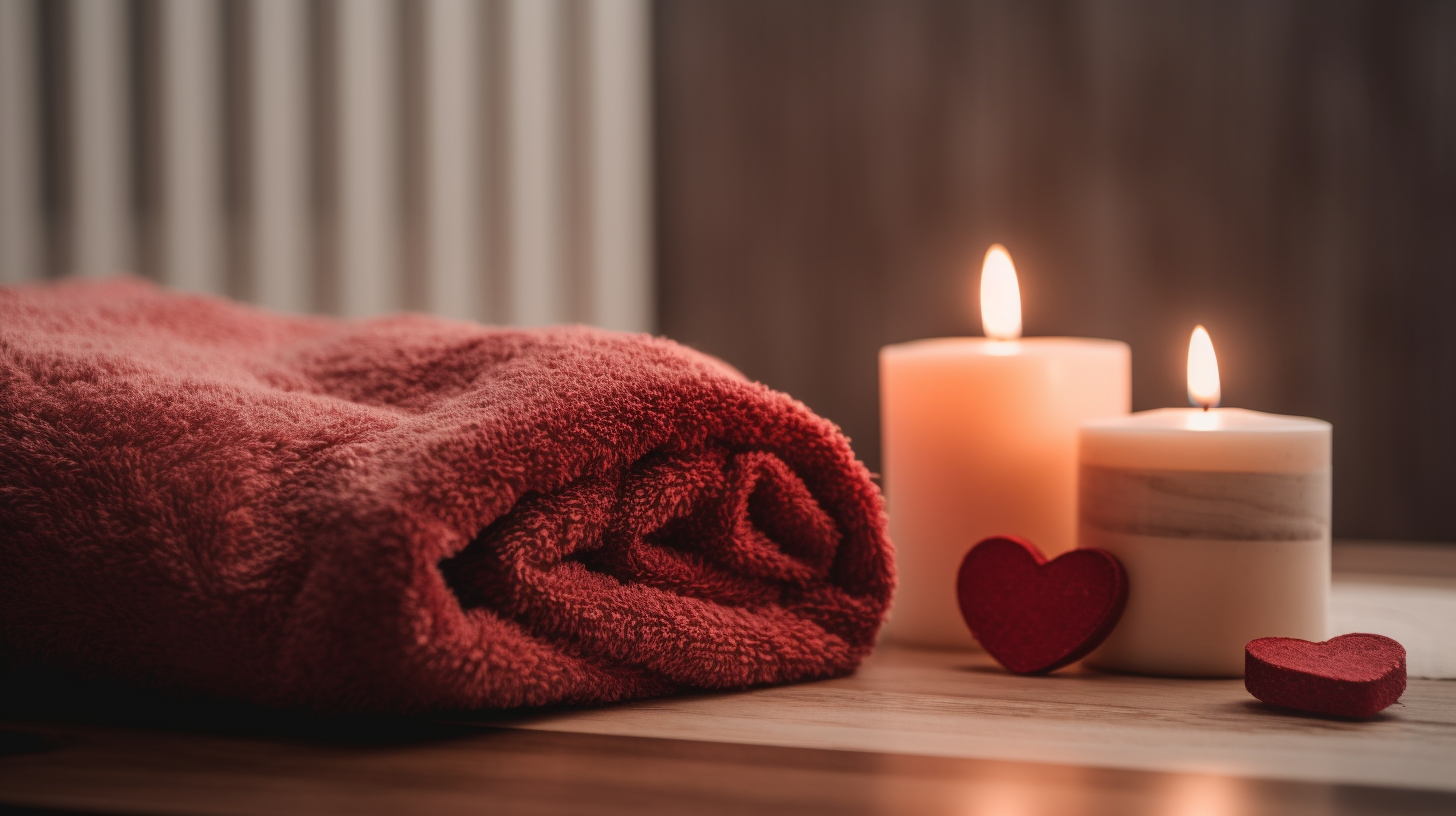 Relaxing spa candles and towels with felt heart