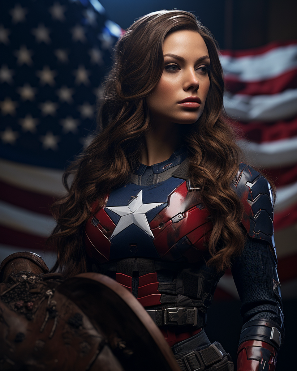 Female Captain America with American Flag