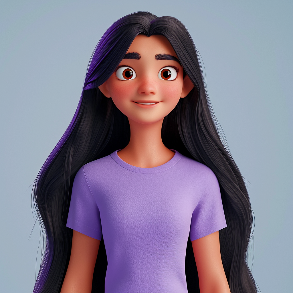 Happy female character with long black hair in cartoon style