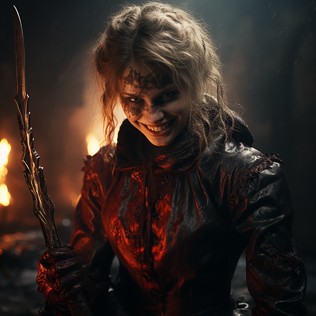 Smiling female demon holding a knife