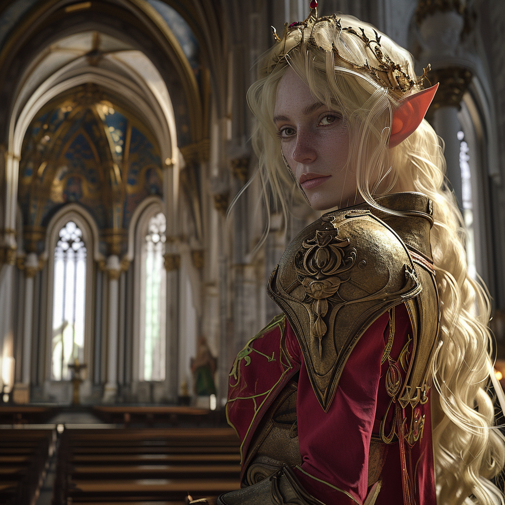 Blonde-haired female elf in cathedral