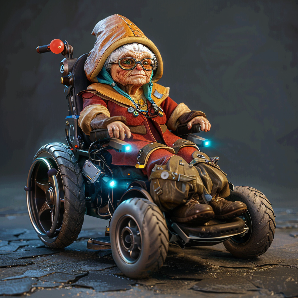 Small Gnome in Futuristic Wheelchair