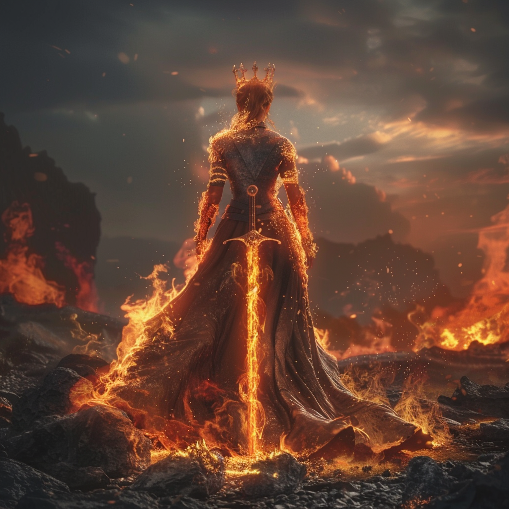 Female warrior surrounded by flames