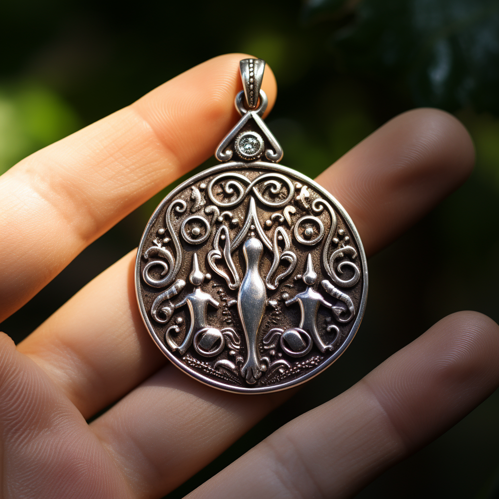 Engraved silver pendant with fertility goddess emblem