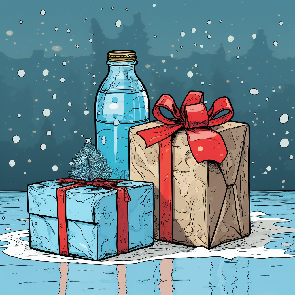 Blue water bottle and cheerful gift box