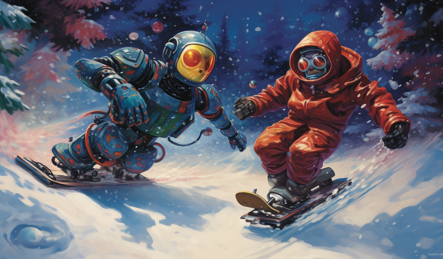 Snowboarding robot and human enjoying winter