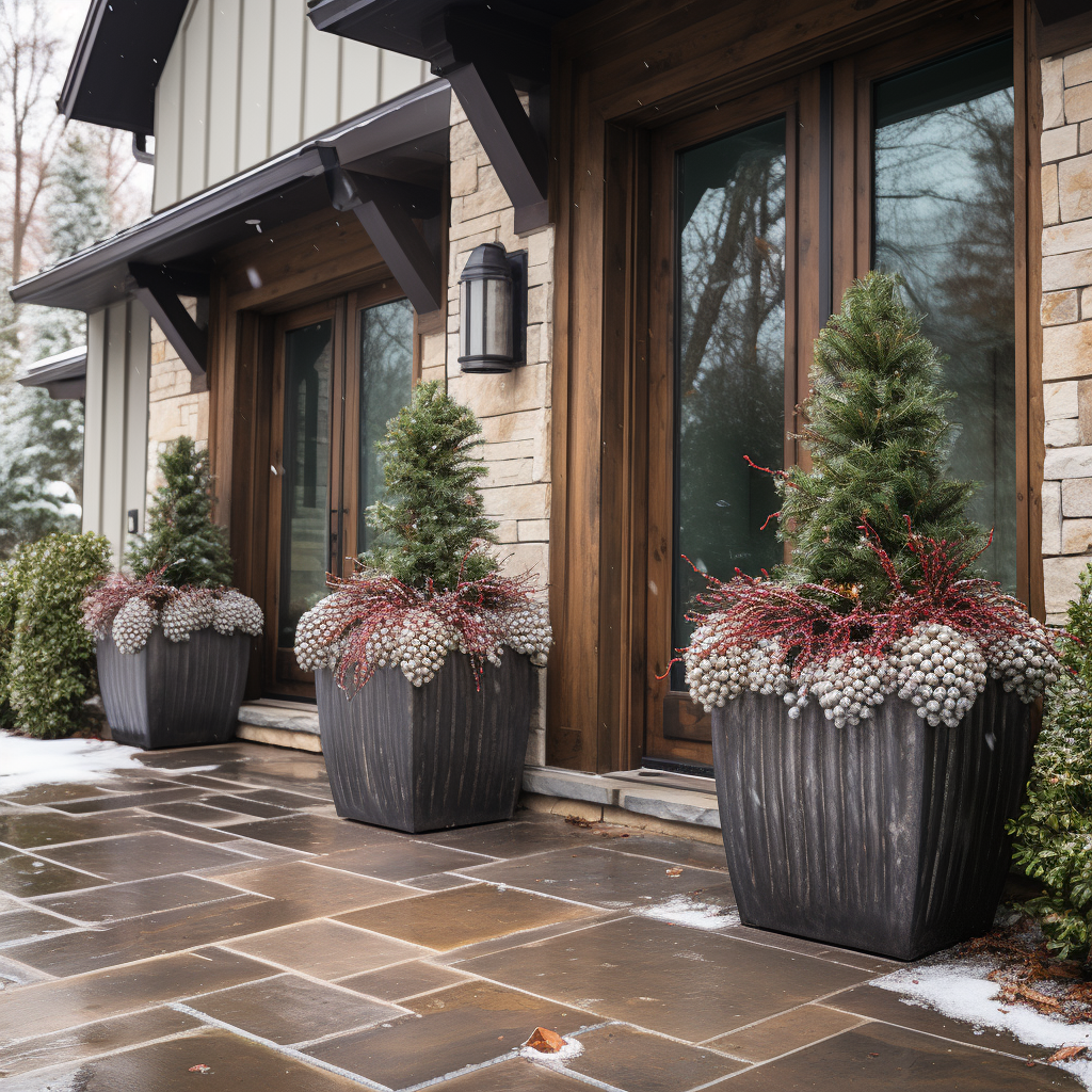 Beautiful Winter Planters with Cedar, Dogwood, Magnolia, Pine Cone, and Berries