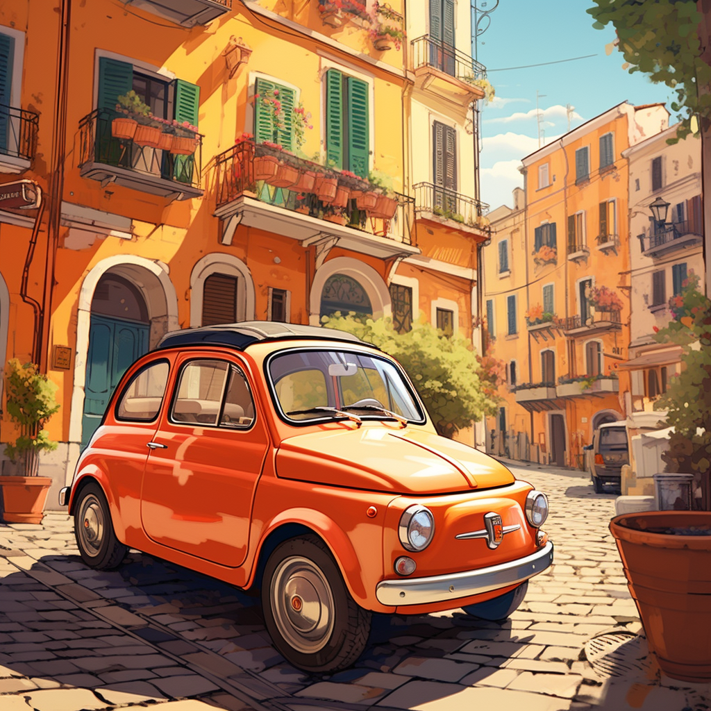 Detailed anime-style Fiat 500 city car