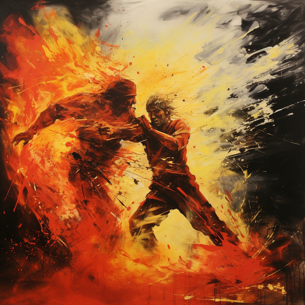 Bright stencil art depicting fierce fire fighting