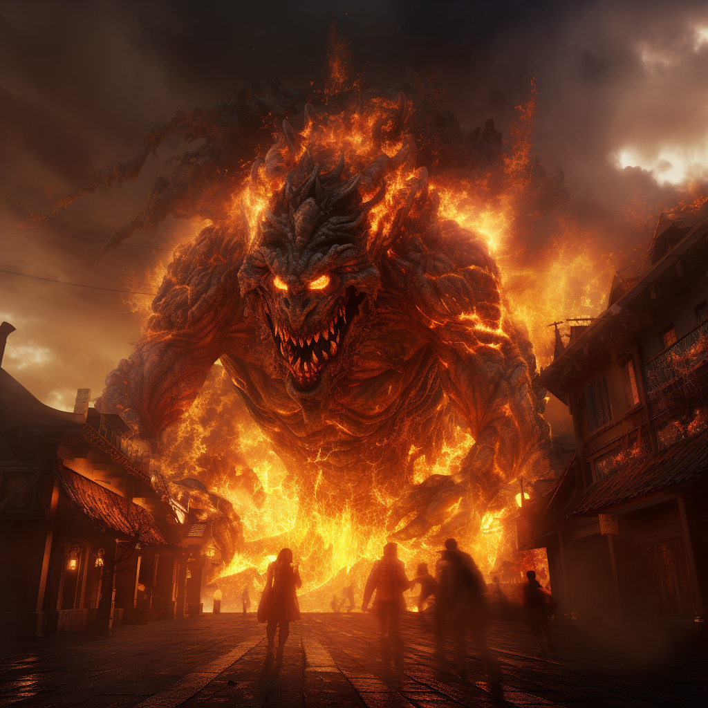 Terrifying monster in fiery burning amber town