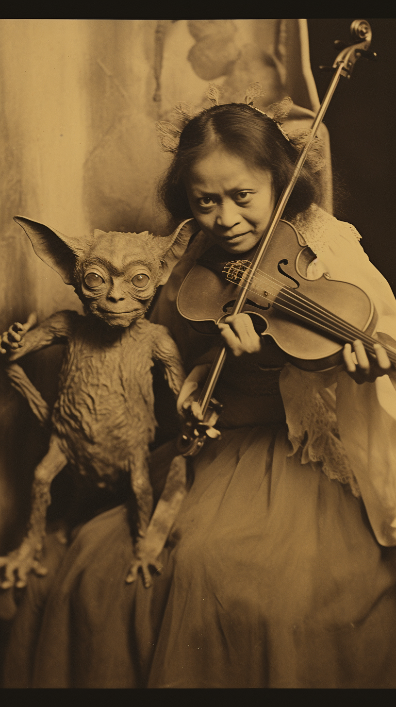 Vintage photo of Filipina witch and gremlin playing violin