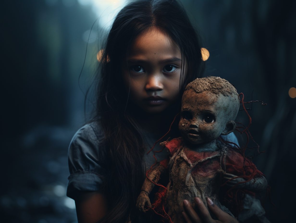 Filipina woman with creepy doll in horror scene