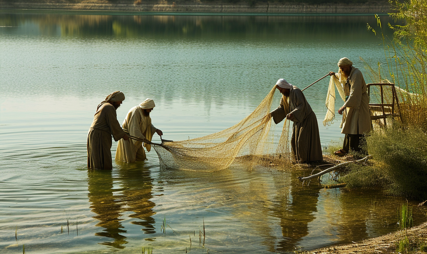 Fisherman casting nets in 1st century Palestine