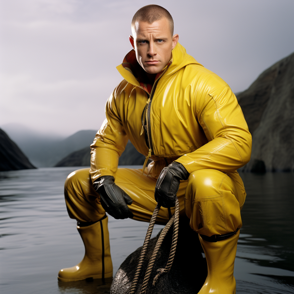 Muscular fisherman in rubber gear