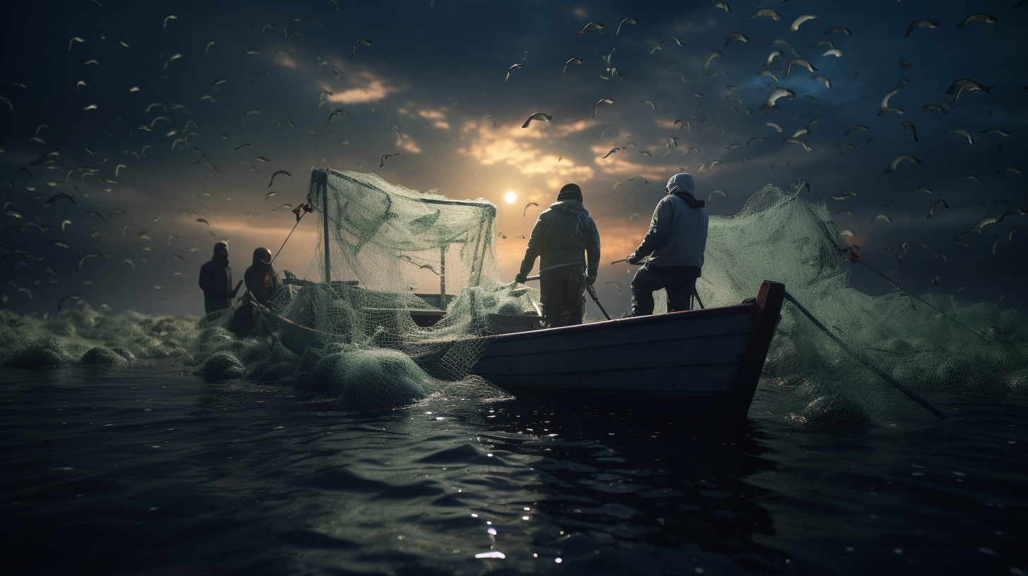 Fishermen with nets in boats