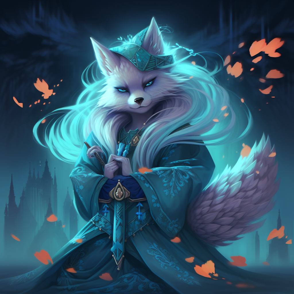 Flirty kitsune mage with aqua fox fur