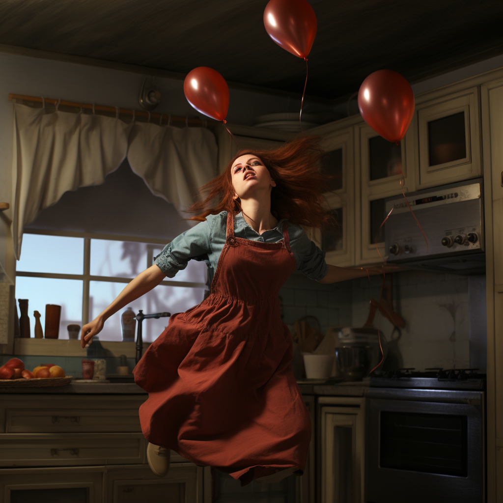 Girl floating in kitchen with balloon