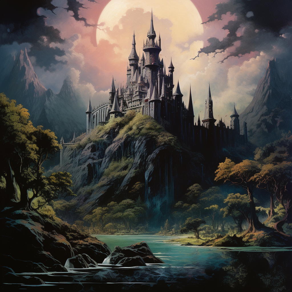 Dark fantasy book cover with floating island castle